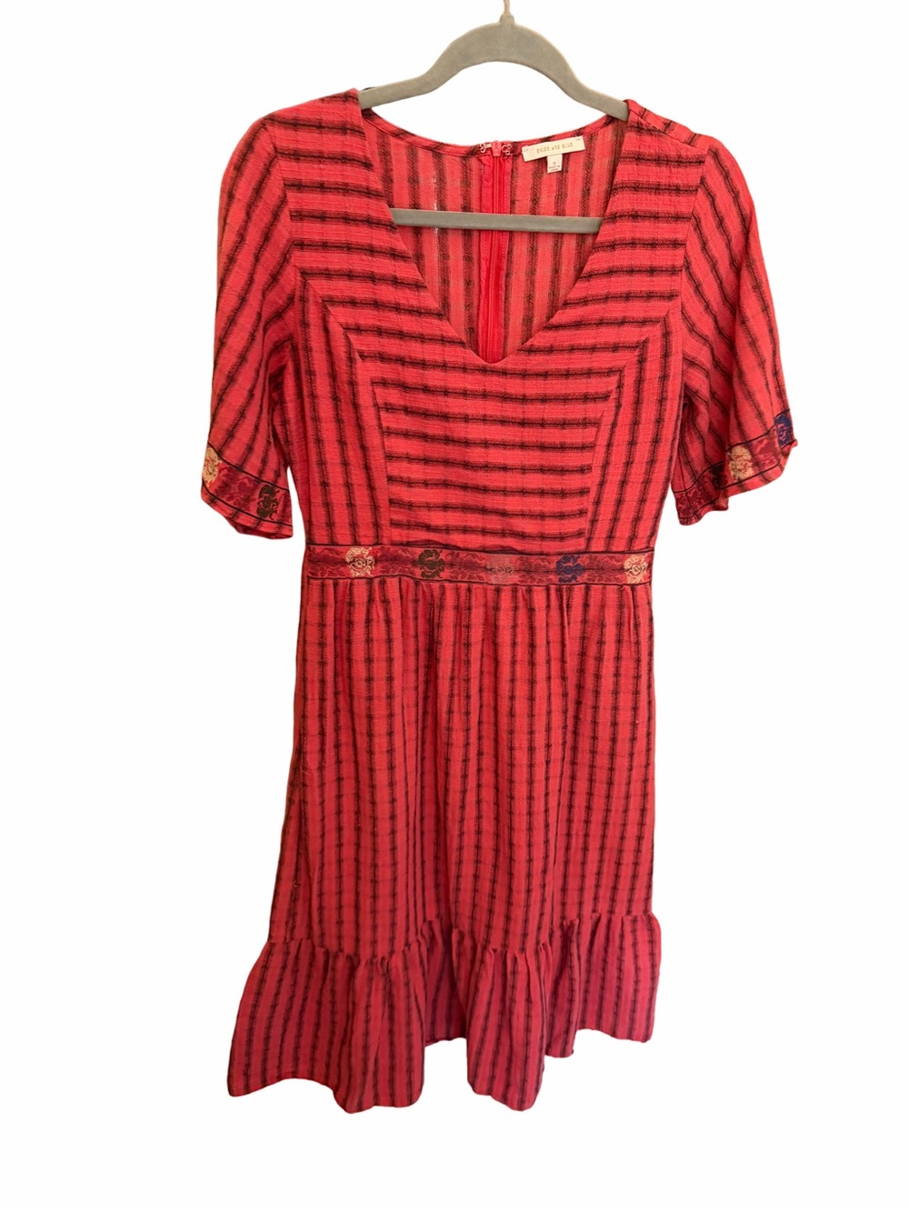 Skies Are Blue Red Striped Midi Dress with Cross Stitch Details